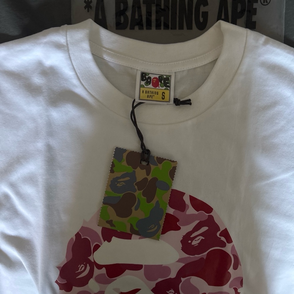 Bape White Short Sleeve Tee with Pink & Red Camo Ape Head - Picture 3 of 3